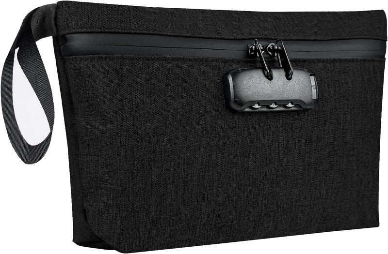 BOJLY Smell Proof Bag with Combination Lock 12.5 inch x 7.5 inch Waterproof Zipper Organizer for Travel Tote Bag Black - Image 1